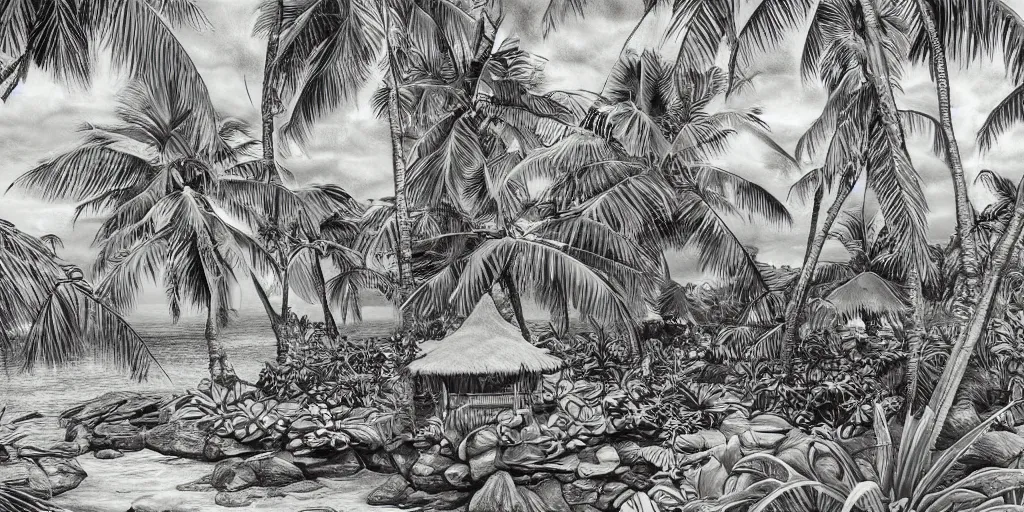 Image similar to tropical island, 8 k, high resolution, detailed charcoal drawing, beautiful hd, art nouveau, concept art, colourful artwork, in the style of konrad cramer