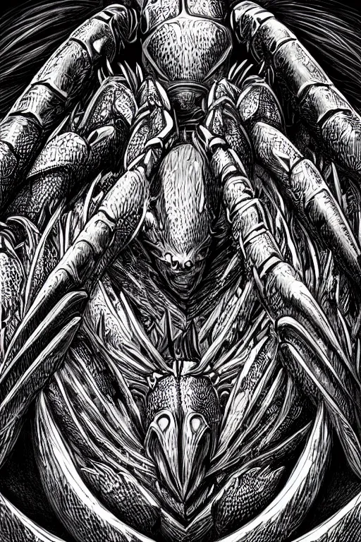 Image similar to human warrior, crab themed armour, crab claws symmetrical, highly detailed, digital art, needles, sharp focus, trending on art station, kentaro miura manga art style