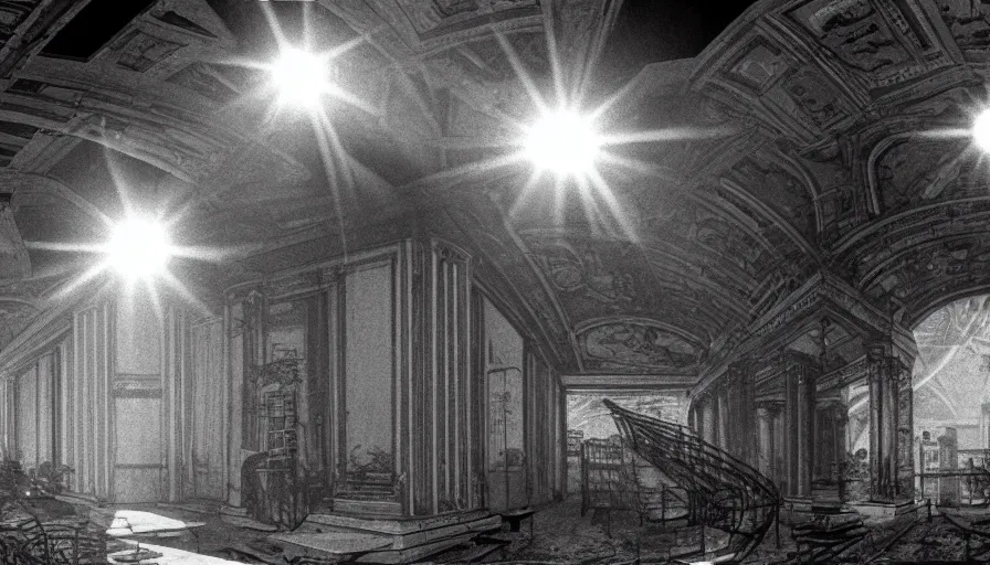 Prompt: 1 9 7 0 s movie still of a non euclidian building, by piranesi, panoramic, ultra wide lens, cinematic light, flare, anamorphic