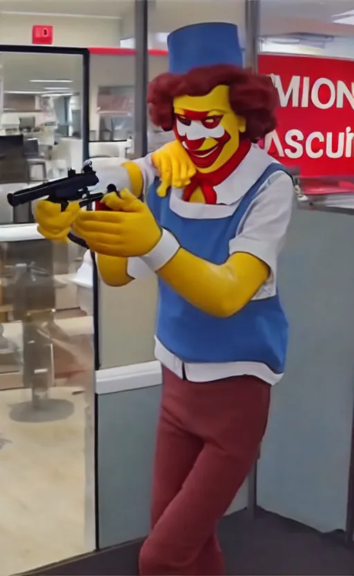 Prompt: photo of ronald mcdonald robbing a bank with a gun. security footage. award winning. very high quality. hq. hd.