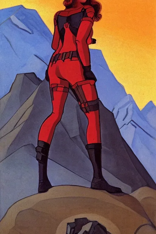 Image similar to black widow ( natasha romanova ) on mountains, marvel, artwork by nicholas roerich,