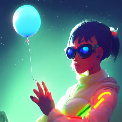 Image similar to cat with a neon balloon in space | hyperrealistic digital painting by makoto shinkai, ilya kuvshinov, lois van baarle, rossdraws | afrofuturism in the style of hearthstone and overwatch, trending on artstation