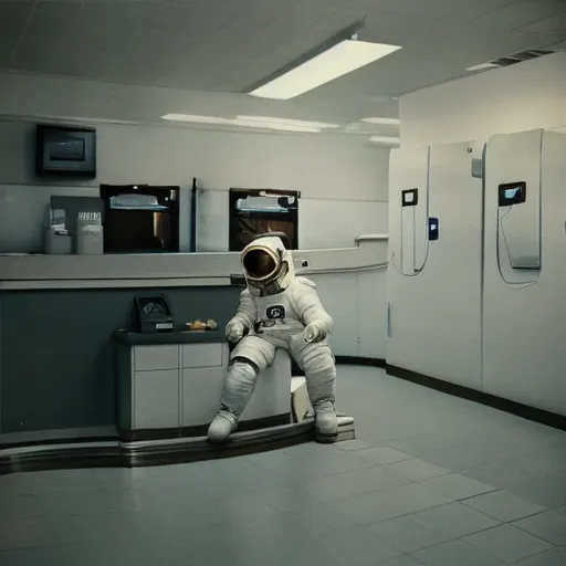 Image similar to a beautiful photo of an astronaut waiting in a laundromat, 1970', soft light, morning light, photorealistic, realistic, octane, 8k, cinematic shot