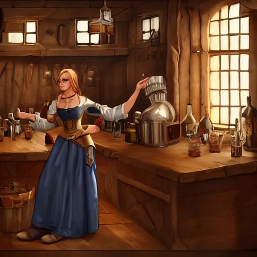 Prompt: medieval barmaid in tavern, trending on artstation