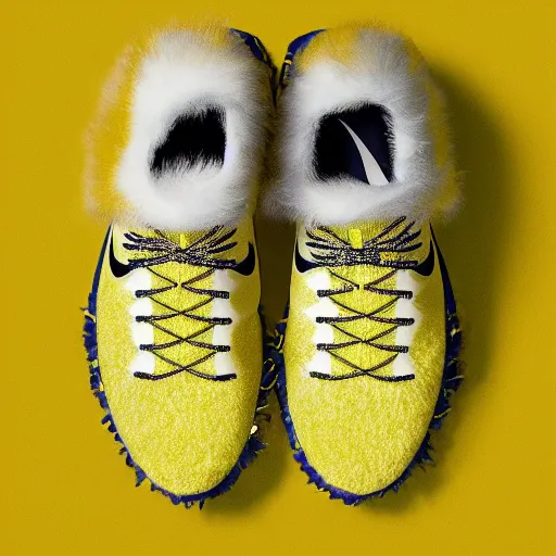 Image similar to nike shoe made of very fluffy yellow faux fur placed on reflective surface, professional advertising, overhead lighting, heavy detail, realistic by nate vanhook, mark miner