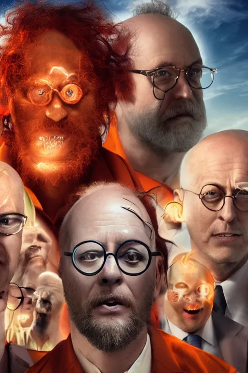 Image similar to a man with 3 eyes, man with a 3rd eye in the middle of his forehead, an awkwardly tall mad scientist with a 3rd eye a tangled orange beard balding head and unruly red hair wearing a labcoat, high resolution film still, movie by Robert Zemeckis and Ivan Reitman, 3rd eye in the middle of his forehead