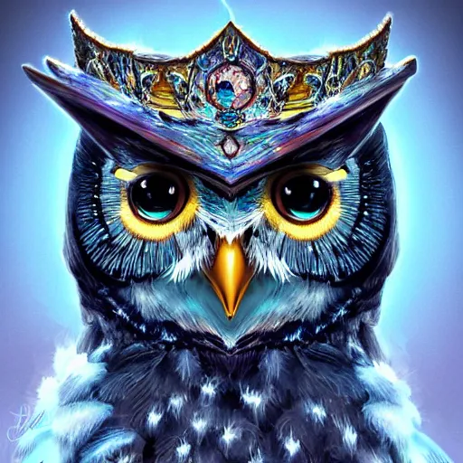 Image similar to detailed portrait of a magical owl, wearing a diamond crown, glowing feathers, digital art, realistic, dnd, character design, artstation