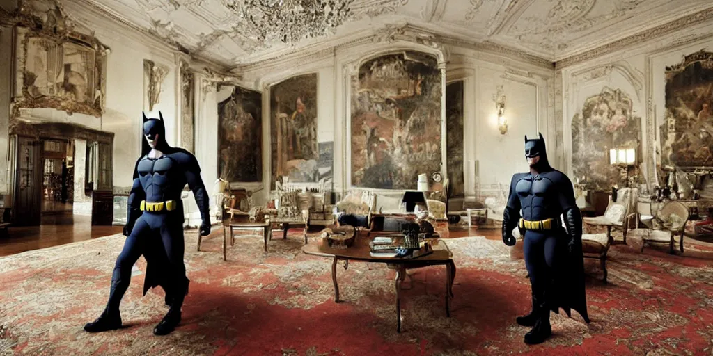 Image similar to Batman standing in giant Italian modern castle living room, photo by Annie Leibovitz