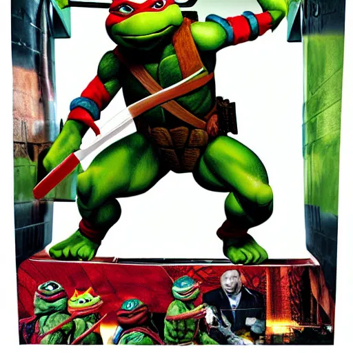 Image similar to teenage mutant ninja turtles ultra lifelike, bloody teeth, eating people, color photograph