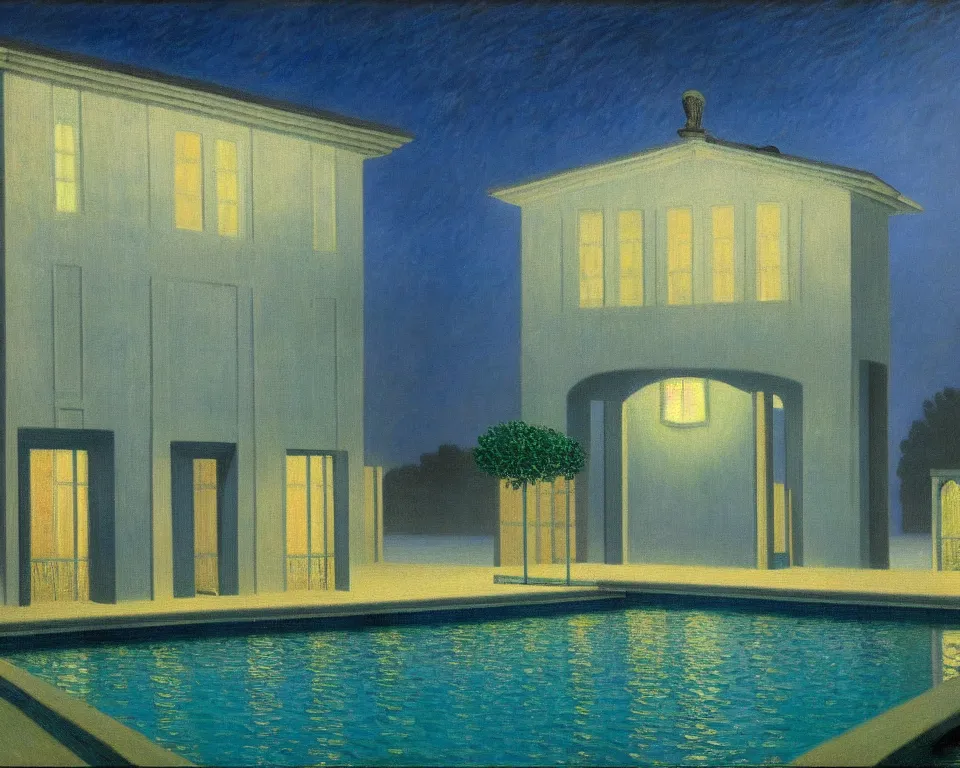 Image similar to achingly beautiful painting of a sophisticated, well - decorated, modern pool house at night by rene magritte, monet, and turner.