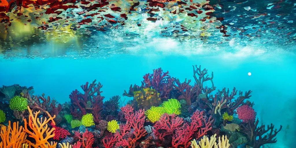 Image similar to a great photograph of the most amazing golf hole in the world, perfect light, under water, colorful coral reef, ambient light, 5 0 mm, golf digest, top 1 0 0, fog