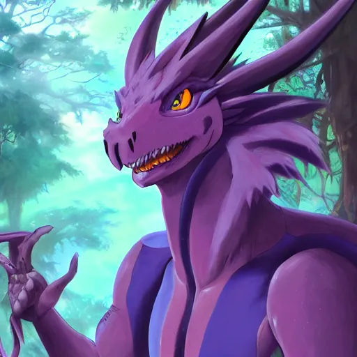 Prompt: concept art painting of an anthropomorphic purple anime anthro dragon, in the deep forest, realistic, detailed, cel shaded, in the style of makoto shinkai and greg rutkowski and james gurney