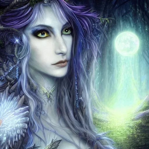 Image similar to masterpiece digital painting realistic portrait of beautiful tyrande whisperwind, 3 0 years woman, close face view, moonlight, elf forest background, at night, by luis royo, warcraft, artstation, deviantart, unreal engine, 8 k, cinematic lights