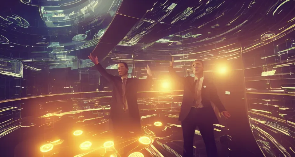 Image similar to Dramatic photo of a CEO waving to a large group of his coworkers in a futuristic office. Golden coins are levitating all around them. 8k, high detail, trending on Artstation, volumetric lighting, cyberpunk