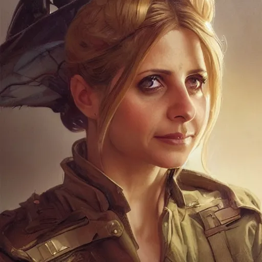 Image similar to sarah gellar as a soldier, gorgeous, amazing, smooth, intricate, highly detailed, digital painting, artstation, concept art, sharp focus, illustration, art by greg rutkowski and alphonse mucha and even amundsen