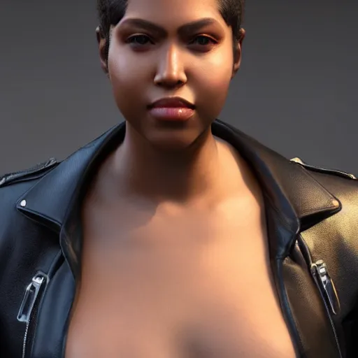 Image similar to a close up of a person wearing a leather jacket, a character portrait by cedric seaut ( keos masons ), trending on zbrush central, photorealism, playstation 5 screenshot, ultra detailed, photorealistic