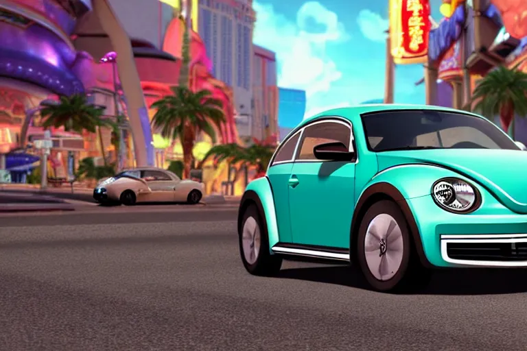 Image similar to a wholesome animation key shot of!! one!! focused!! vw beetle superbug!! in shiny reflective stainless steel, in a las vegas street, medium shot, studio ghibli, ( pixar ) and disney animation, sharp, very detailed, high resolution, rendered in unreal engine 5, anime key art by greg rutkowski, bloom, dramatic lighting