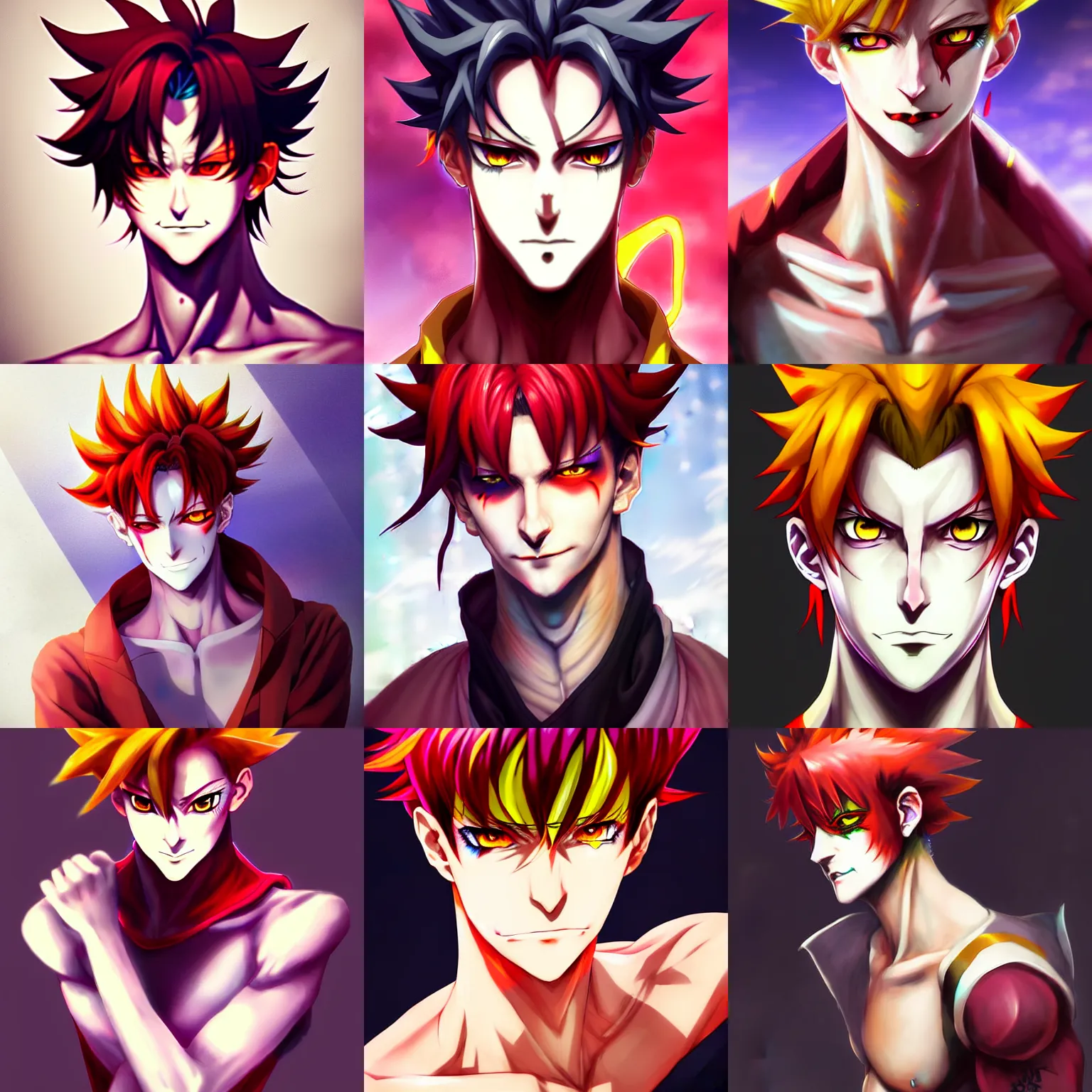 Prompt: hisoka anime male 2 0 years old male mischievous sharp features very very narrow yellow eyes red red crimson soft hair thin lips arch eyebrows anime pixiv smooth skin overwatch moira hairstyle art by wlop ruan jia rutkowski