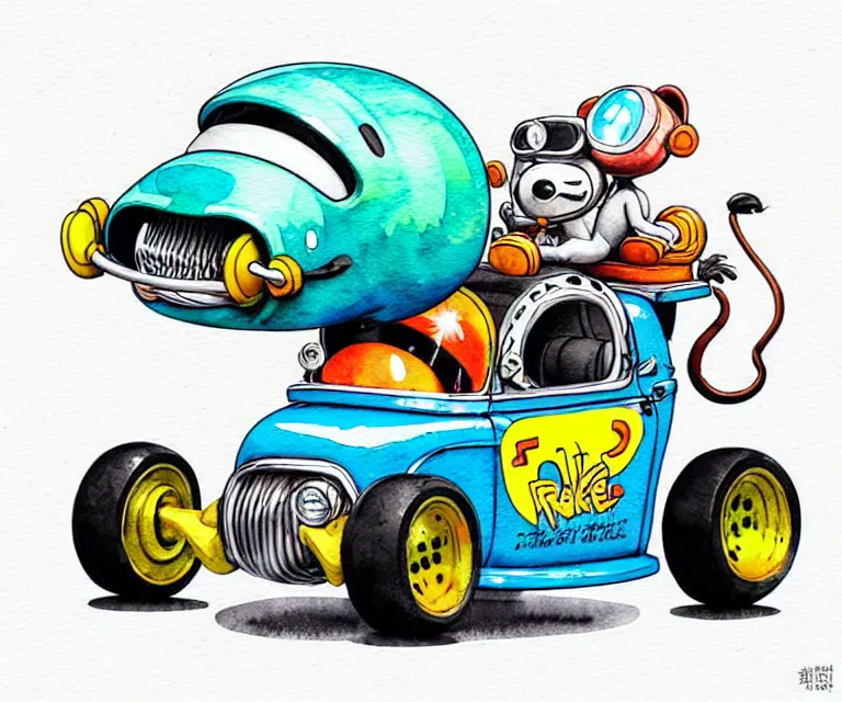 Prompt: cute and funny, monkey wearing a helmet riding in a tiny hot rod with oversized engine, ratfink style by ed roth, centered award winning watercolor pen illustration, isometric illustration by chihiro iwasaki, edited by range murata, tiny details by artgerm, symmetrically isometrically centered