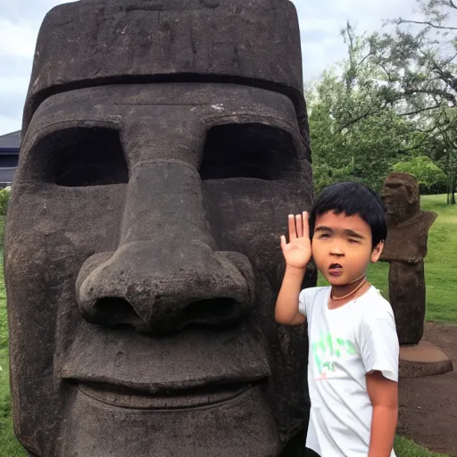 Image similar to a kid looking very dissapointed that his birthday present was a very large moai statue | iphone photograph