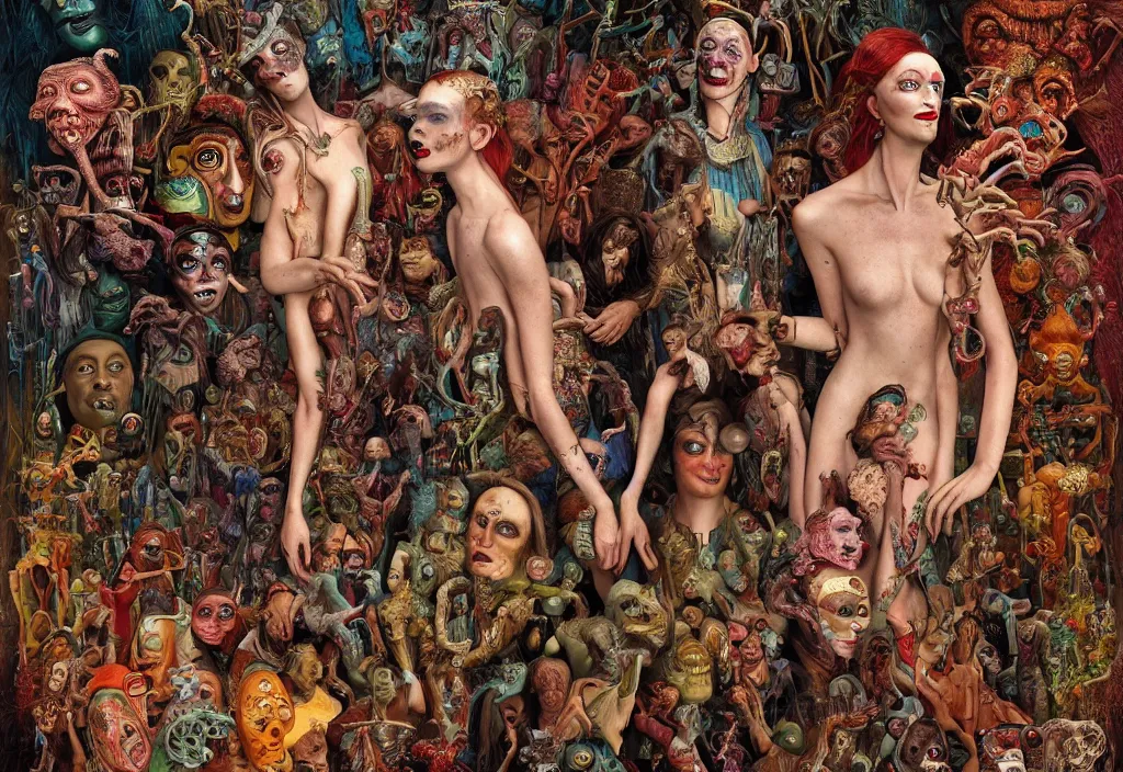 Image similar to 35mm color, humans enslaved by artificial intelligence, portrait, fashion shoot, freak show, weird, random, strange, hyper detailed, photorealistic, interesting, by David la chapelle and karol bak and david cronenberg and WETA digital, art by Ivan Bilibin, Dariusz Zawadzki , ID magazine, octane rendering, cinematic, hyperrealism, octane rendering, 8k, depth of field, bokeh.