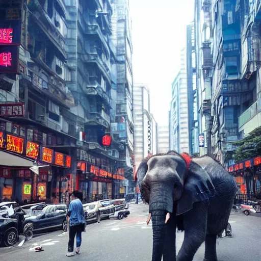 Image similar to an elephant on the streets of shanghai, cyberpunk, futuristic