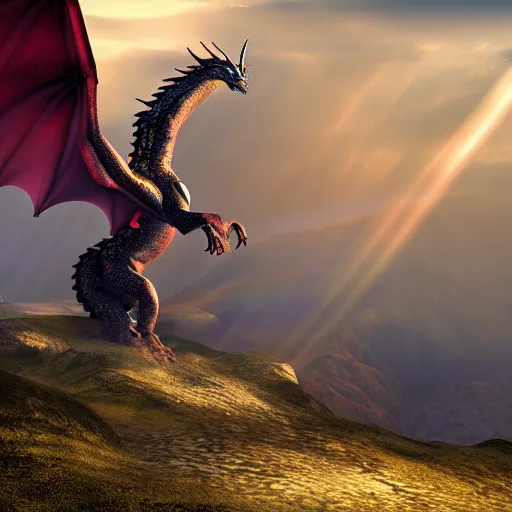 Image similar to giant majestic epic dragon on a mountain between the clouds, epic, volumetric light, volumetric fog, extreme details, 8 k, realistic