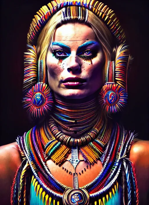 Image similar to portrait of margot robbie, hyper detailed ultra sharp aztec shaman warrior. trending on artstation, warpaint aesthetic, bloodwave, colorful, psychedelic, ornate, intricate, digital painting, concept art, smooth, sharp focus, illustration, art by artgerm and greg rutkowski and h. r. giger, 8 k