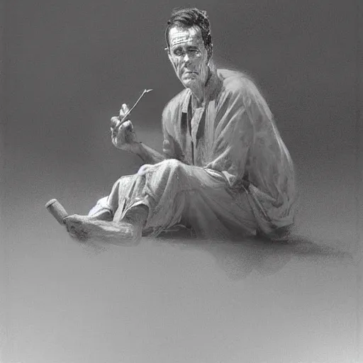 Image similar to a highly detailed epic cinematic concept art CG render digital painting artwork costume design: Henry Fonda as a 1950s tired disillusioned poet, barefoot, holding a lit cigarette. volumetric lighting. By Greg Rutkowski, in the style of Francis Bacon and Syd Mead and Norman Rockwell and Beksinski, open ceiling, highly detailed, painted by Francis Bacon and Edward Hopper, painted by James Gilleard, surrealism, airbrush, Ilya Kuvshinov, WLOP, Stanley Artgerm, very coherent, triadic color scheme, realistic facial expression, art by Takato Yamamoto and James Jean