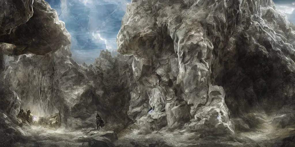 Prompt: two tall giant marble statues flanking a cave entrance into a mountain, extremely detailed digital matte painting, clear skies, sunlight, god rays