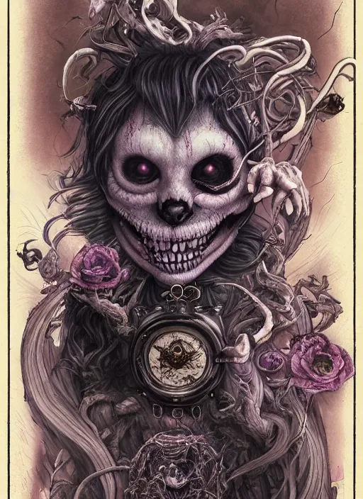 Image similar to Happy Cheshire Cat brewing tea, Death Tarot card,highly detailed,half skull face,cinematic,8k,by Stanley Artgermm,Tom Bagshaw,Greg Rutkowski,Carne Griffiths, Ayami Kojima, Beksinski, Giger,trending on DeviantArt,hyper detailed,horror, full of colour