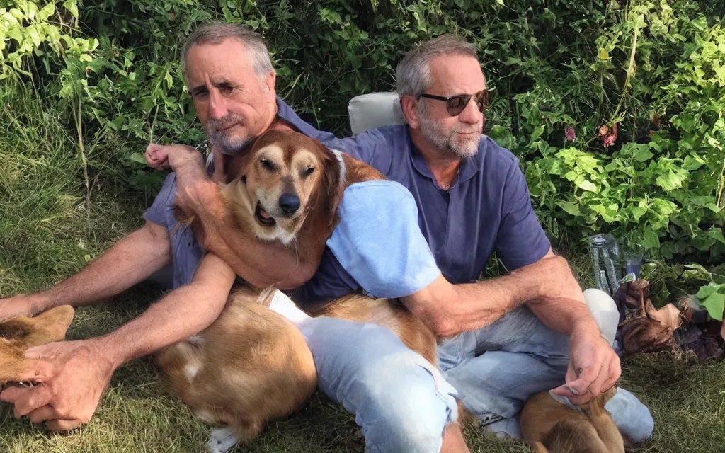 Image similar to My dad Steve just took a hit from the bongo and have good time being gracefully relaxed in the garden, sunset lighting. My second name is Carell. My dad second name is Carell. Im the dog and Steve Carell is my dad. Detailed face