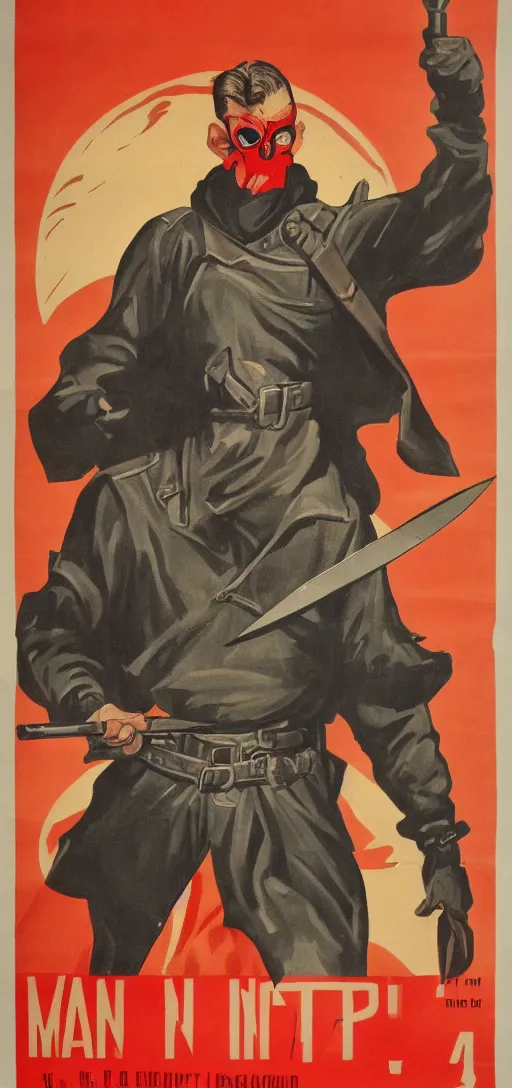 Image similar to man in hood and red eyes with a knife, 1940s propaganda poster, full hd,highly detailed