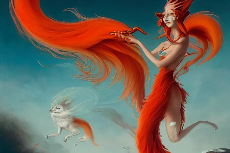 Prompt: prompt A beautiful red orange kumiho, fluffy nine fox tails, Peter Mohrbacher