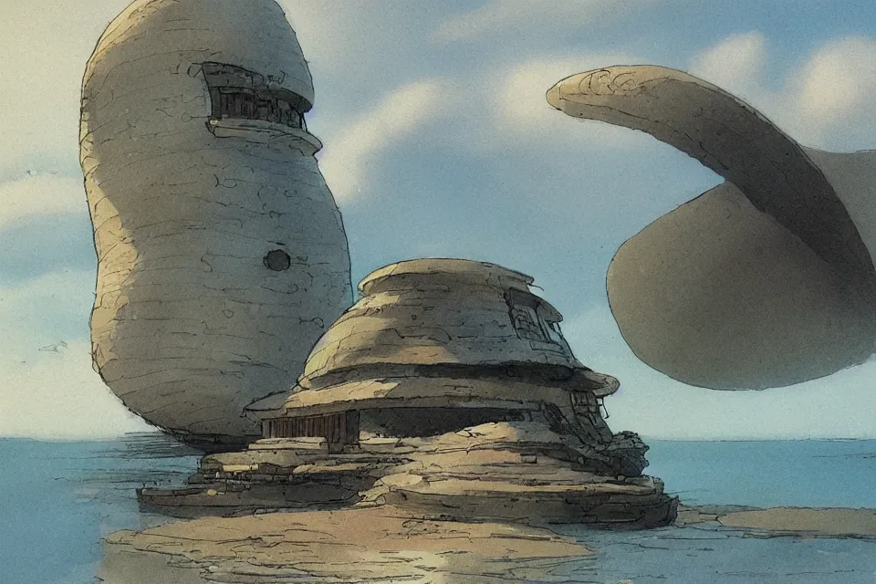 Image similar to giant seashell shaped house where a fisherman, in the style of john harris and moebius