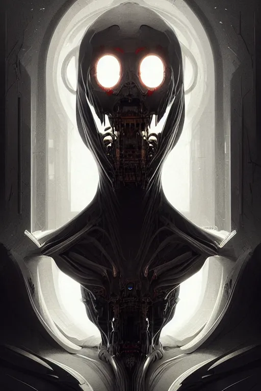 Prompt: professional concept art symmetrical portrait of a horror mechanical nightmare species in a dark room by artgerm and greg rutkowski. an intricate, elegant, highly detailed digital painting, abstraction, concept art, smooth, sharp focus, illustration, in the style of cam sykes.