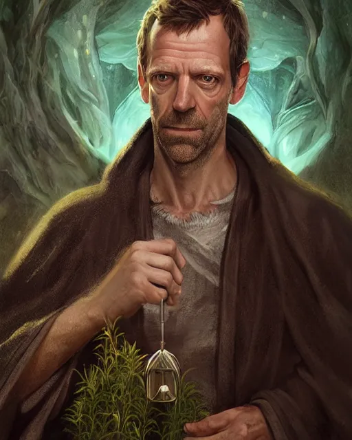 Prompt: detailed portrait of gregory house as a mage, sorcerer robes, cloak, magical, bright spells, fantasy, ruins, overgrown plants, atmosphere, 8 k high definition, insanely detailed, intricate, by charlie bowater, johan grenier