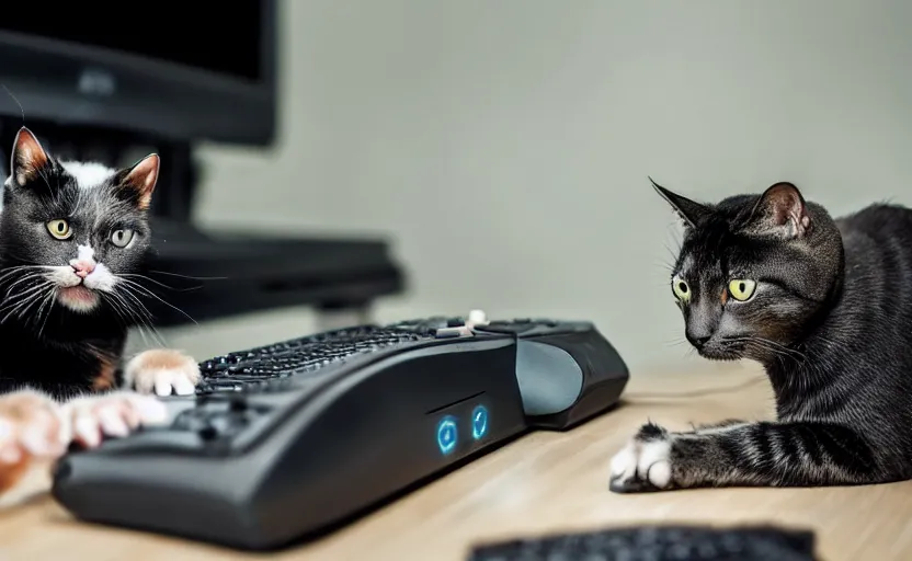 Image similar to a cat using a gaming computer, realistic