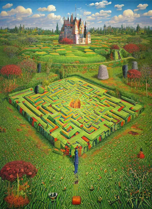 Prompt: the surrealistic view from inside the castle window to the medium height green grass maze, edgy labyrinth, four seasons, by jacek yerka, by levitan, oil on canvas, acrylic, digital art, royal academy, masterpiece, trending on artstation, cinematic composition, sharp, details, hyper - detailed, hd