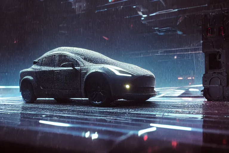 Image similar to a 2 8 mm closeup photo of a tesla cybertruck a on wet floor of a photo studio, intricate, hyper detailed, smooth, high contrast, volumetric lighting, octane, moebius, greg rutkowski, blade runner, ripley scott, synthwave, cinematic