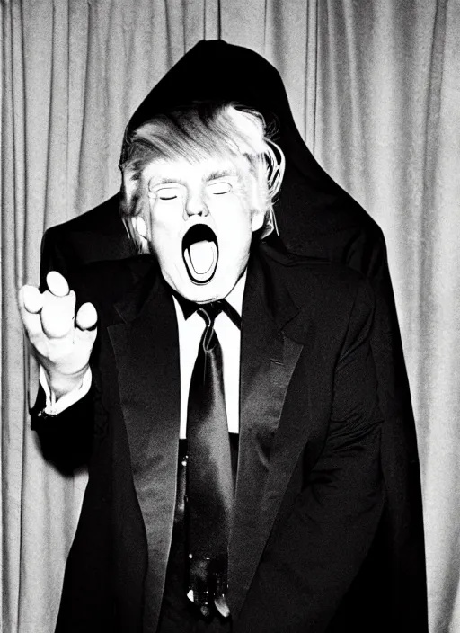 Image similar to candid photo of donald trump as a gothic vampire in the 1 9 9 0 s