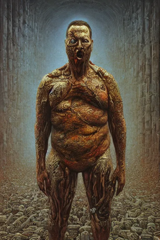 Image similar to paul blart full body portrait, highly detailed, body horror, biopunk, creative design, oil on canvas, by zdzisław beksinski, marco mazzoni, peter gric