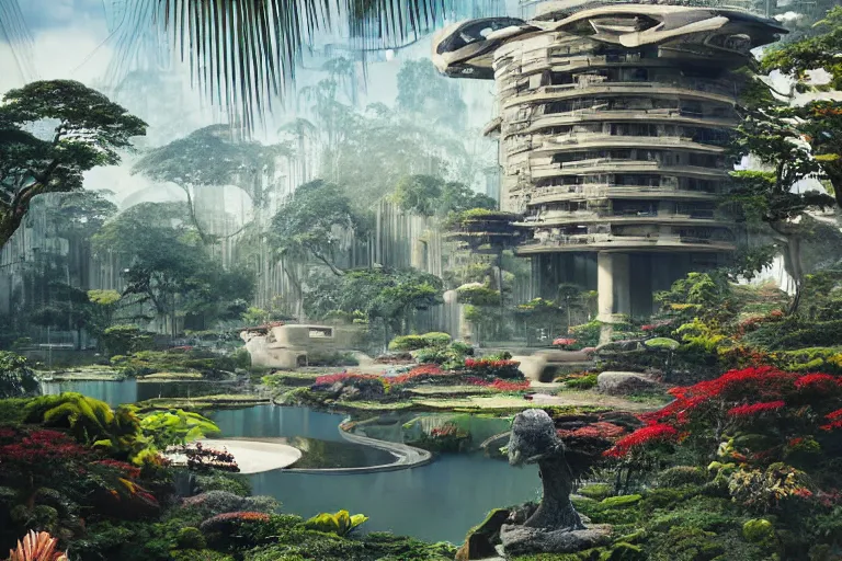 Image similar to brutalist futuristic white Aztec structures, manicured garden of eden, vivid pools and streams, tropical foliage, bromeliads, azaleas, Japanese maples, birds, sculpture gardens, Winter, by Jessica Rossier and Brian Froud