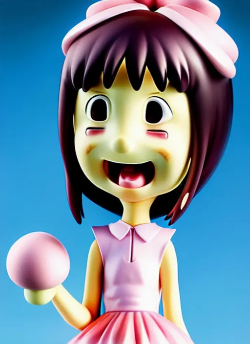 Image similar to a hyperrealistic oil painting of a kawaii anime girl figurine caricature with a big dumb grin featured on wallace and gromit by studio ghibli