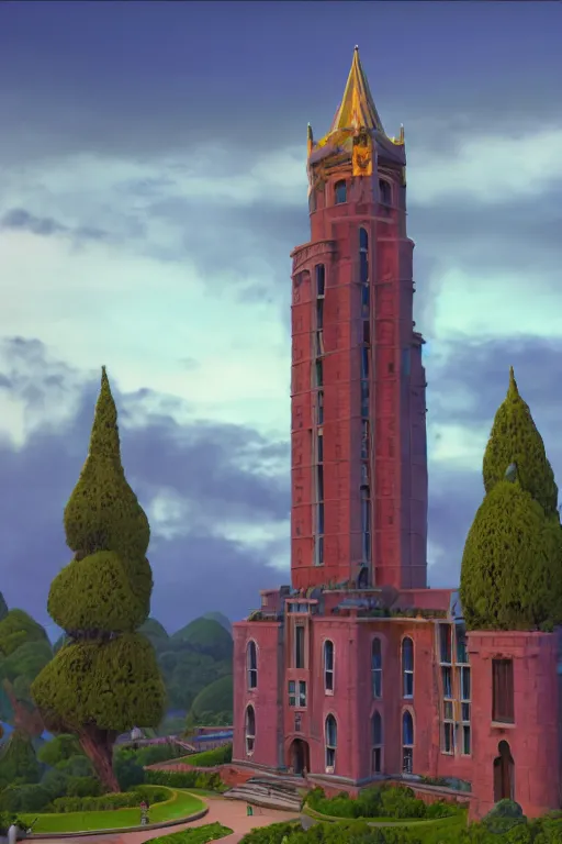 Prompt: view of the mysterious blue tower in its gardens after a storm, tall windows lit up, beautiful ornamental architecture, dramatic cinematic lighting, rich colors, by Nicholas Roerich and William Dyce and April Gornik and Sylvain Sarrailh, unreal engine