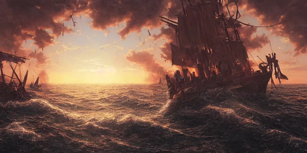 Prompt: two pirates facing each other in death duel, axes, gun, smoldering barrel, gunpowder smoke, dramatic, bloody scene, sunset background, ship on the horizon!, portrait 4 / 3, high detail, greg rutkowski, james gurney, gene wolfe, gustave dore, jesper ejsing, rhads, makoto shinkai, ilya kuvshinov