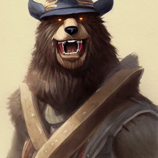 Image similar to dashing charming grinning charismatic bear beast-man rogue, wearing captain's tricorne hat, naval background, amazing, lifelike award winning pencil illustration trending on art station artgerm Greg rutkowski cinematic