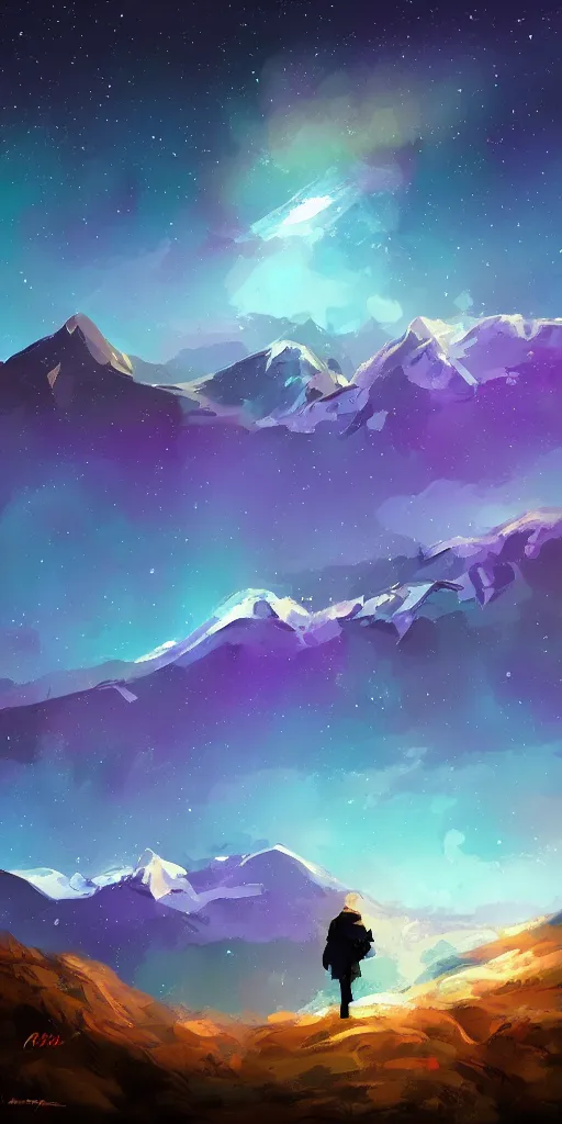 Prompt: walter white, mountain landscape, night sky, digital art, digital painting, celestial, majestic, playful, colorful