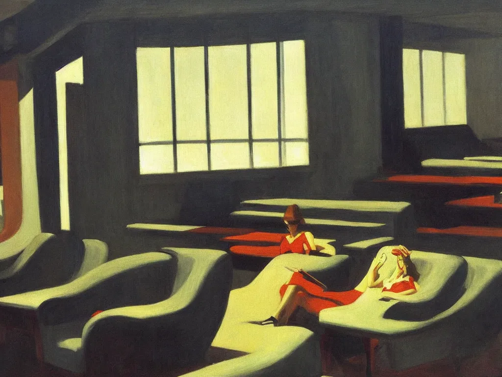 Prompt: night. woman alone in the spacious airport lounge. painting by edward hopper