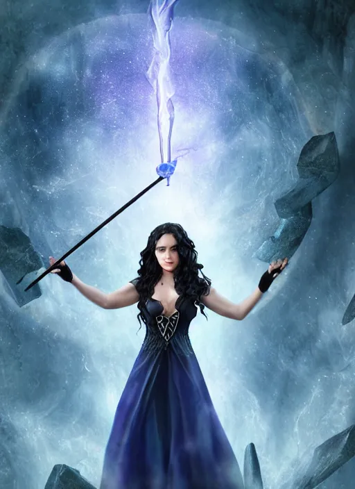 Image similar to a beautiful witch with long curly dark hair, large blue eyes and holding a wand with a very large magical gemstone at the top radiating energy, detailed matte painting, studio lighting, octane render, by anne stokes